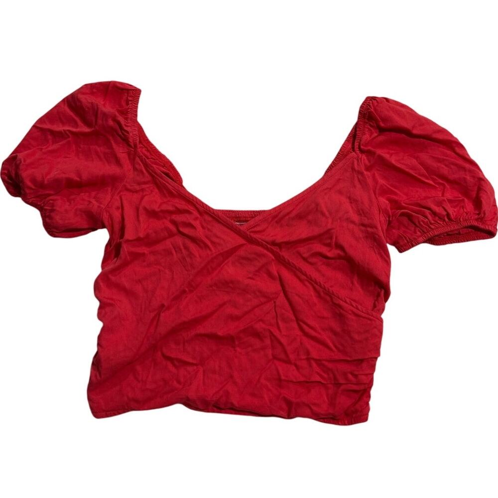 NWT Urban Outfitters Beth Wrap Top Puff Sleeve Smocked Womens Medium Red Orange